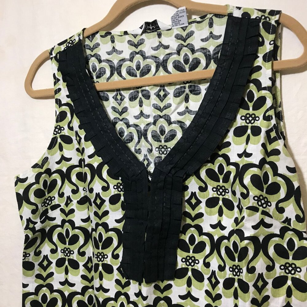 Woman's Sleeveless White Black & Green Casual Top EUC Carole Little Linen Large